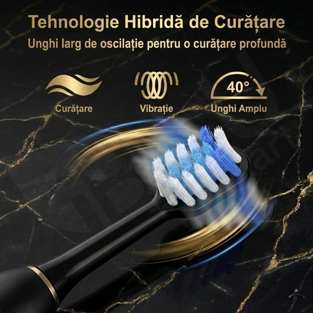 Periuță de Dinți Electrică Sonică iBLU smart™ PRO, Display Digital LCD, Tehnologie Hibridă (Vibrații + Oscilații Ample 60°), Motor Maglev 38.400 VPM, Capăt Anti-Șoc, Baterie 1200mAh (35 Zile), Încărcare USB-C, Pachet cu 6 Rezerve și Toc Transport, Negru