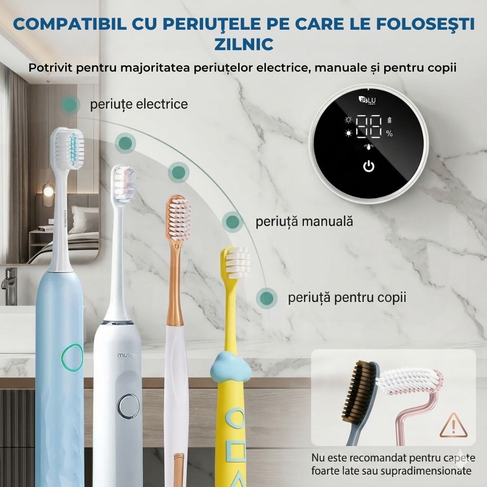 Sterilizator UV iBLU smart demonstrând compatibilitatea universală cu capete de periuțe de dinți electrice, periuțe manuale clasice și periuțe pentru copii.