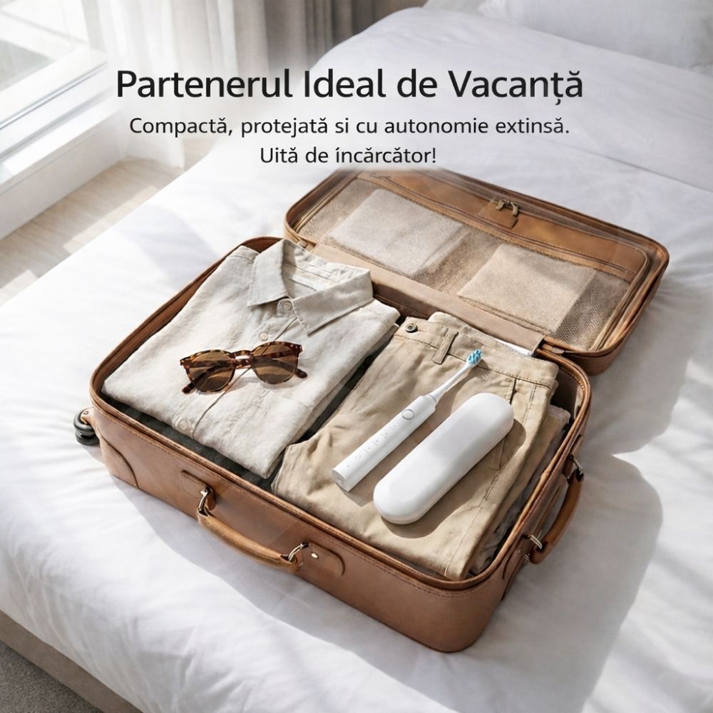 Periuță de Dinți Electrică Sonică iBLU smart, Motor Maglev 38.400 VPM, 5 Moduri de Curățare, Timer Inteligent, Pachet Complet cu 6 Rezerve și Toc de Transport, Autonomie 30 Zile, Încărcare Wireless, Waterproof IPX7, Alb