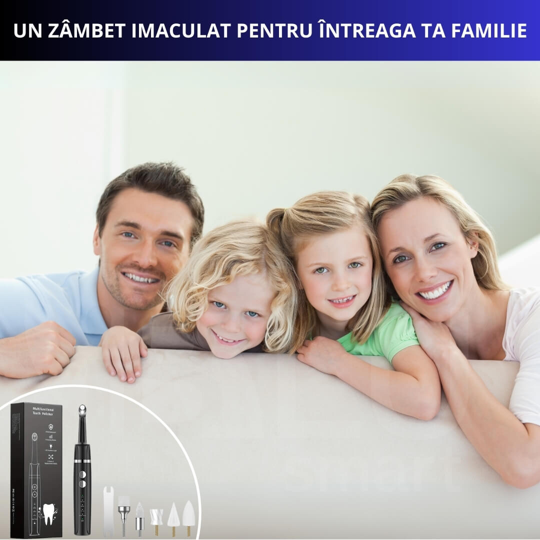 Aparat pentru Curățarea, Albirea și Lustruirea Dintilor iBLU Smart, Portabil, Îndepărtează Tartrul, Placa Bacteriană și Petele Dentare, 5 Moduri de Lucru, 5 Capete și Pastă Profesională pentru Albire Dentară, Lumină LED, USB-C, Negru