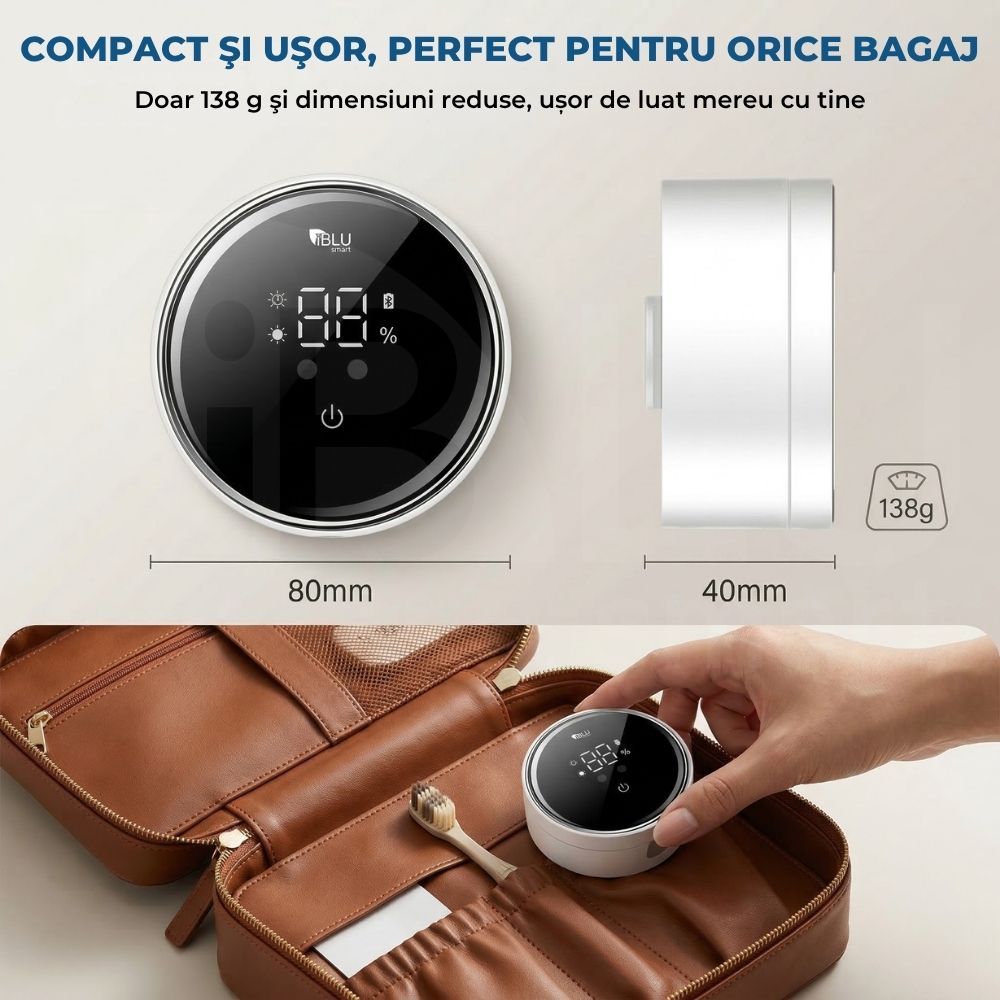 Sterilizator UV portabil iBLU smart, compact la 80mm și ușor la 138 de grame, ambalat convenabil într-o trusă de voiaj din piele pentru călătorii.