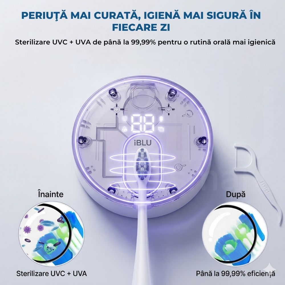 Detaliu tehnologic iBLU smart arătând eficiența sterilizării UVC și UVA de 99.99%, cu imagini comparative înainte și după eliminarea bacteriilor de pe periuța de dinți.