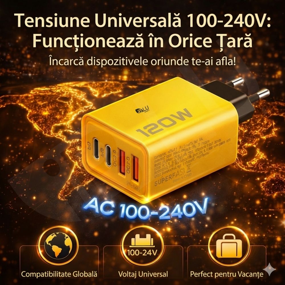 Încărcător Rețea iBLU smart 120W Tehnologie GaN Pro, 4 Porturi (2x USB-C PD + 2x USB-A QC3.0), Super Fast Charge pentru Laptop, MacBook, Samsung, iPhone, Protecție Smart Chip, Design Compact, Galben