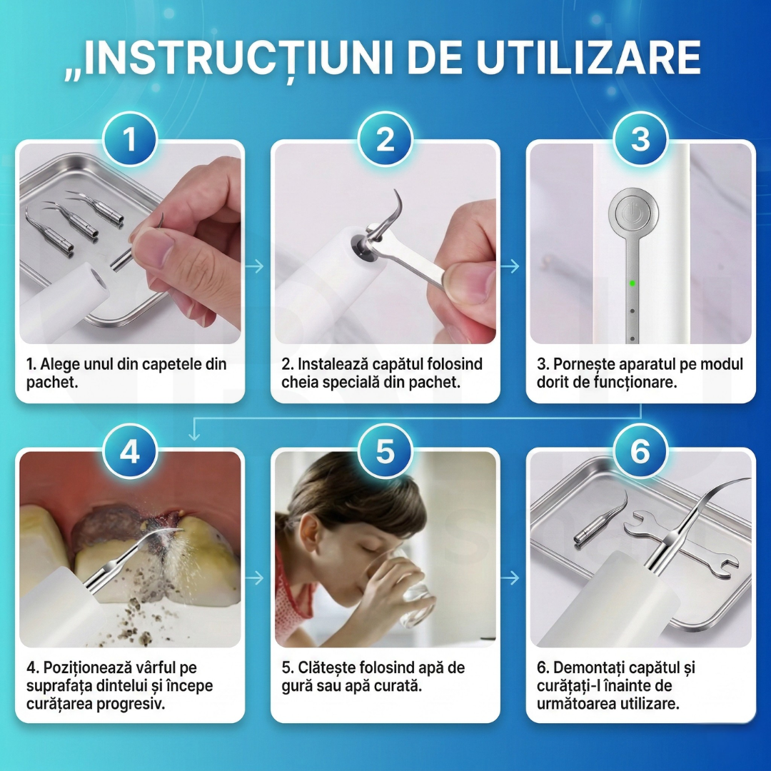 Aparat pentru Eliminare Tartru iBLU smart, Detartraj Ultrasonic, Eliminare Placa Bacteriana, 5 Moduri pentru Curatarea Dintilor, 3 Capete Curatare si Oglinda Dentara Incluse, Lumina LED Puternica, Portabil si Reincarcabil, Rezistent la Apa, Alb