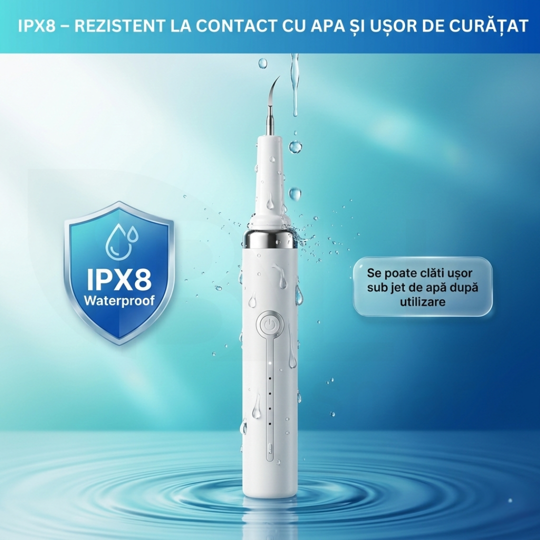 Aparat pentru Eliminare Tartru iBLU smart, Detartraj Ultrasonic, Eliminare Placa Bacteriana, 5 Moduri pentru Curatarea Dintilor, 3 Capete Curatare si Oglinda Dentara Incluse, Lumina LED Puternica, Portabil si Reincarcabil, Rezistent la Apa, Alb
