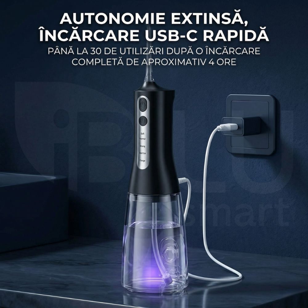 Încărcare rapidă USB-C pentru irigatorul iBLU smart, cu baterie de lungă durată de 1500mAh