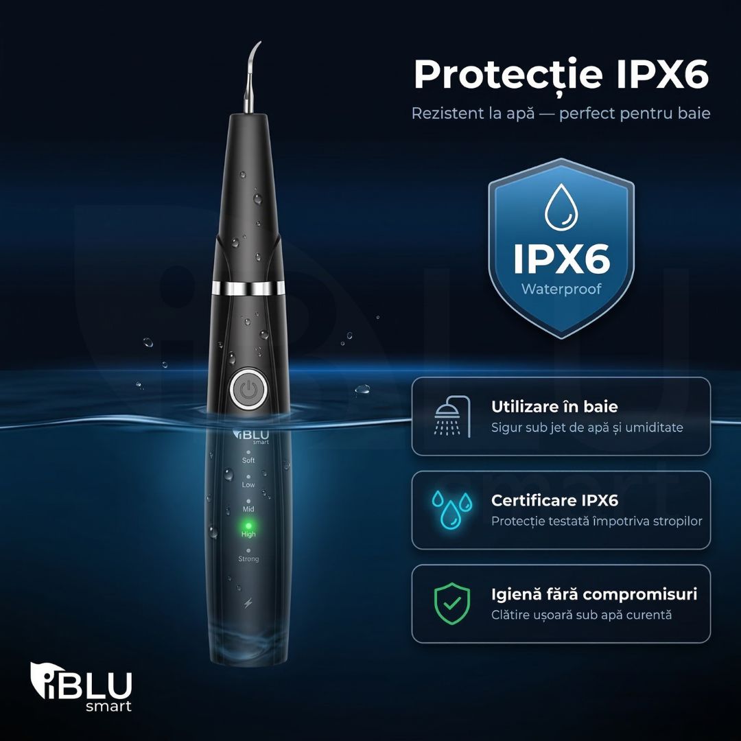 Aparat detartraj ultrasonic iBLU smart cu certificare IPX6 — rezistent la apă, sigur pentru utilizare în baie