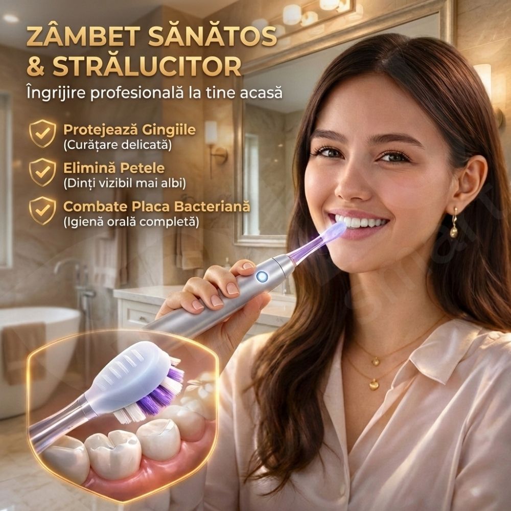 Periuță de Dinți Electrică iBLU smart™ PRO cu Funcție de Sterilizare UV, 5 Programe de Curățare, Motor Maglev 48.000 VPM cu Oscilație 60° (Tehnica Bass), Design Metalic Unibody, 6 Capete DuPont, Baterie 1200mAh, Argintiu