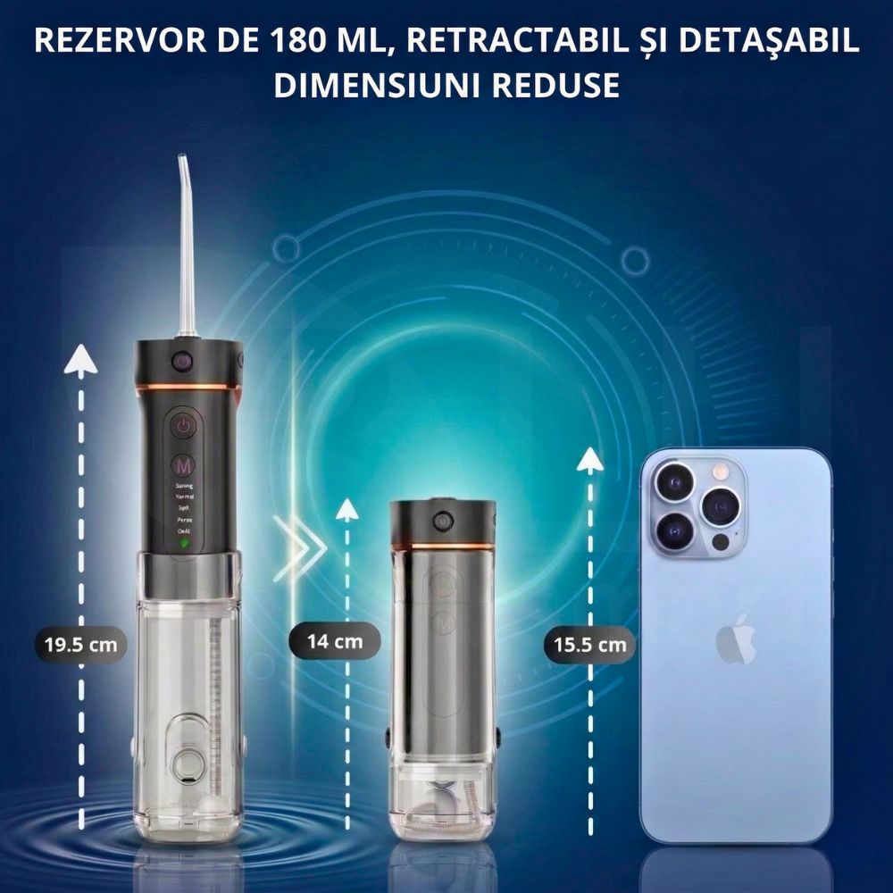 Irigator Oral Profesional pentru Duș Bucal cu Rezervor Retractabil iBLU Smart, Slim, 5 Moduri de Curățare, 1400-1800 Pulsații/min, 4 Capete cu Rotație 360°, Rezervor 180 ml Detașabil, Gravity Ball, IPX7 Waterproof, Baterie 1100 mAh, USB-C, Negru