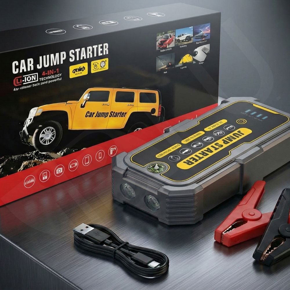 Starter Auto Portabil iBLU smart™, Starter Baterie Auto 500A-1000A, Baterie 6000mAh/22200 mWh, Funcție Power Bank, Lanternă LED 4 Moduri, Busolă, Pentru Motoare 12V, Benzină 6.0L/Diesel 3.0L, Protecție Anti-Scântei, USB-C, Gri/Galben