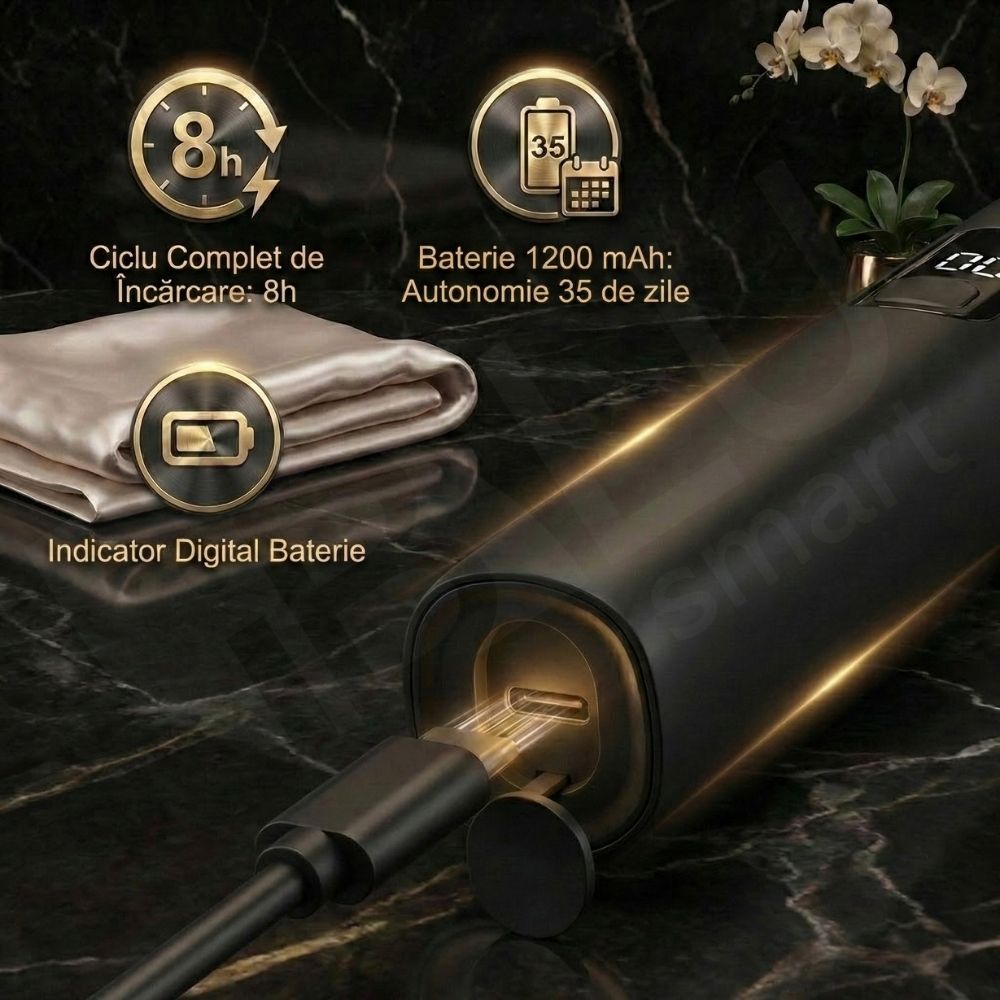 Periuță de Dinți Electrică Sonică iBLU smart™ PRO, Display Digital LCD, Tehnologie Hibridă (Vibrații + Oscilații Ample 60°), Motor Maglev 38.400 VPM, Capăt Anti-Șoc, Baterie 1200mAh (35 Zile), Încărcare USB-C, Pachet cu 6 Rezerve și Toc Transport, Negru