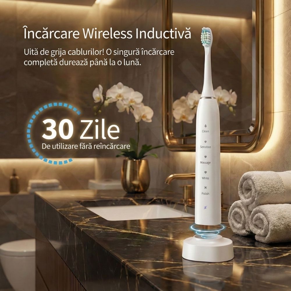 Periuță de Dinți Electrică Sonică iBLU smart, Motor Maglev 38.400 VPM, 5 Moduri de Curățare, Timer Inteligent, Pachet Complet cu 6 Rezerve și Toc de Transport, Autonomie 30 Zile, Încărcare Wireless, Waterproof IPX7, Alb
