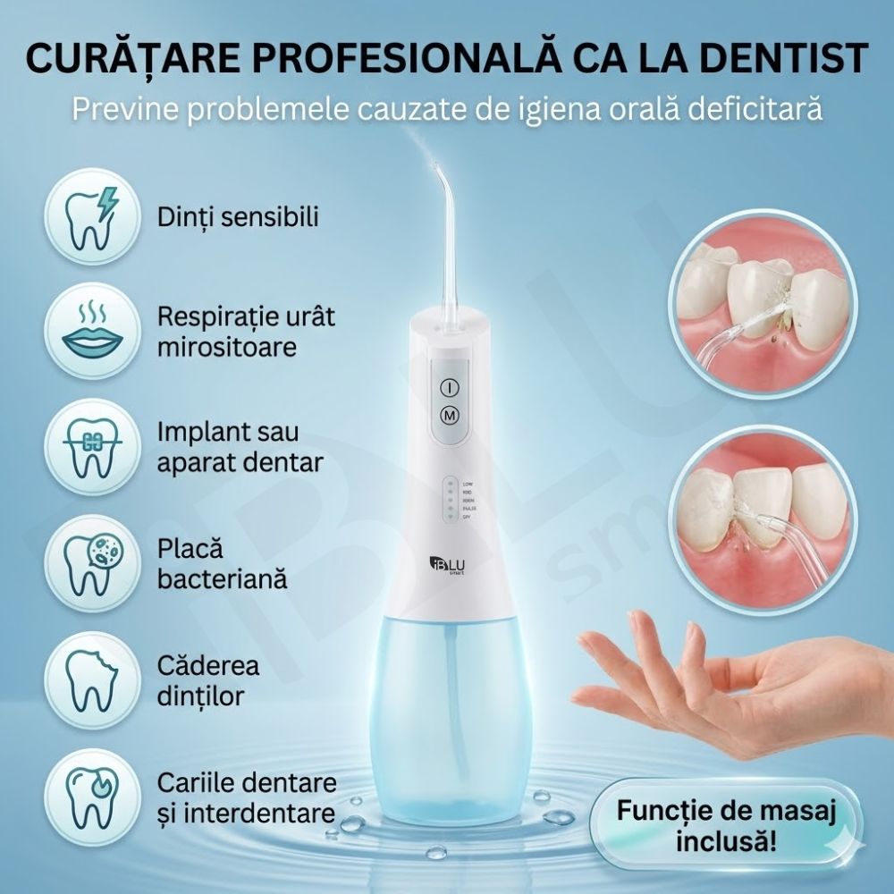Irigator Oral Profesional pentru Duș bucal iBLU smart, Portabil, 1400-1800 Pulsatii/min, 6 Capete cu Rotație 360, 5 Programe de Lucru, Rezervor cu Gravity Ball Complet Detașabil 400 ml, IPX7 Waterproof, Timer 2min, Încărcare USB-C, Baterie 1100 mAh, Alb