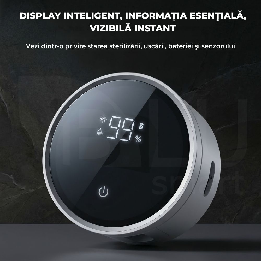 Display digital inteligent cu touchscreen al sterilizatorului iBLU smart, afișând în timp real progresul sterilizării, funcția de uscare și nivelul bateriei.