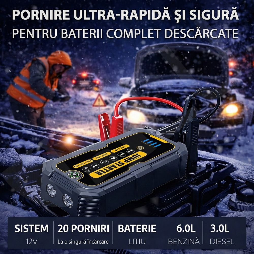 Starter Auto Portabil iBLU smart™, Starter Baterie Auto 500A-1000A, Baterie 6000mAh/22200 mWh, Funcție Power Bank, Lanternă LED 4 Moduri, Busolă, Pentru Motoare 12V, Benzină 6.0L/Diesel 3.0L, Protecție Anti-Scântei, USB-C, Gri/Galben