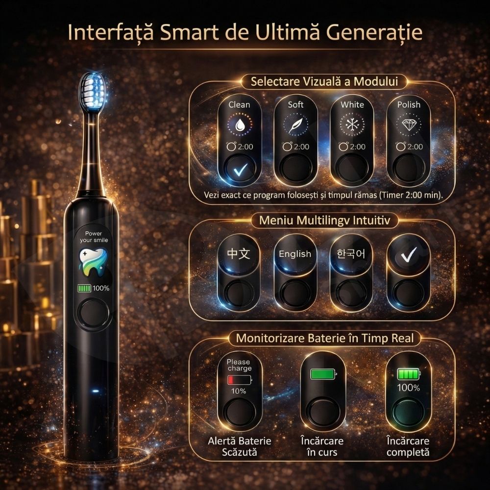 Periuță de Dinți Electrică Sonică iBLU smart™ PRO, Display Digital LCD, Tehnologie Hibridă (Vibrații + Oscilații Ample 60°), Motor Maglev 38.400 VPM, Capăt Anti-Șoc, Baterie 1200mAh (35 Zile), Încărcare USB-C, Pachet cu 6 Rezerve și Toc Transport, Negru