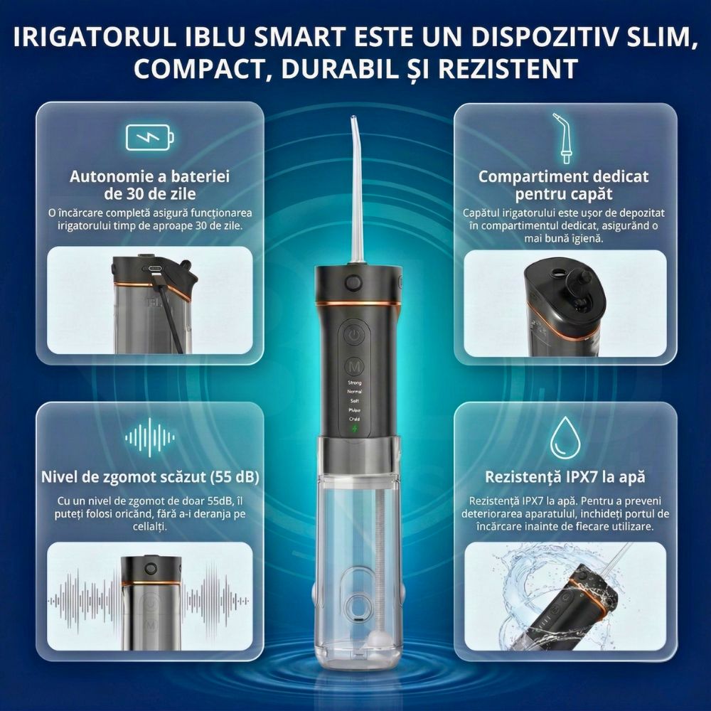 Irigator Oral Profesional pentru Duș Bucal cu Rezervor Retractabil iBLU Smart, Slim, 5 Moduri de Curățare, 1400-1800 Pulsații/min, 4 Capete cu Rotație 360°, Rezervor 180 ml Detașabil, Gravity Ball, IPX7 Waterproof, Baterie 1100 mAh, USB-C, Negru