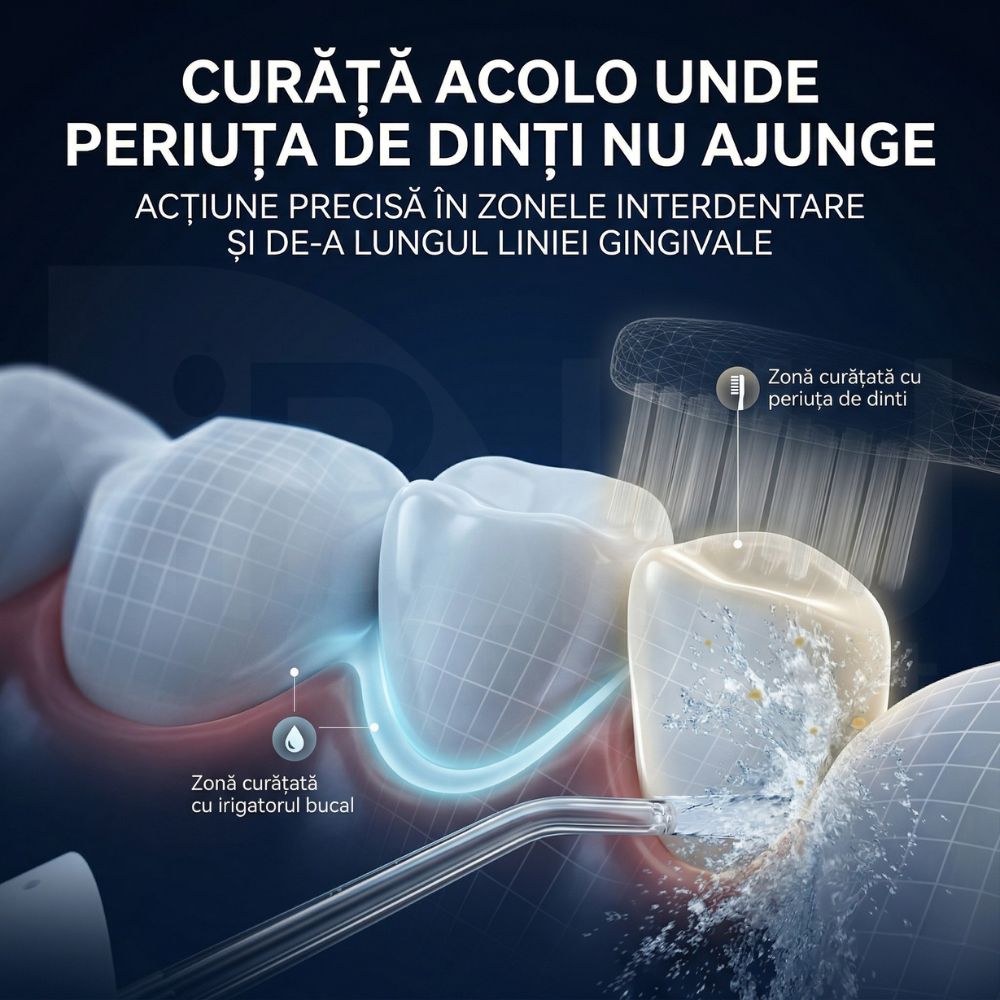 Ilustrație curățare profundă sub linia gingivală folosind irigatorul iBLU smart comparativ cu periajul clasic