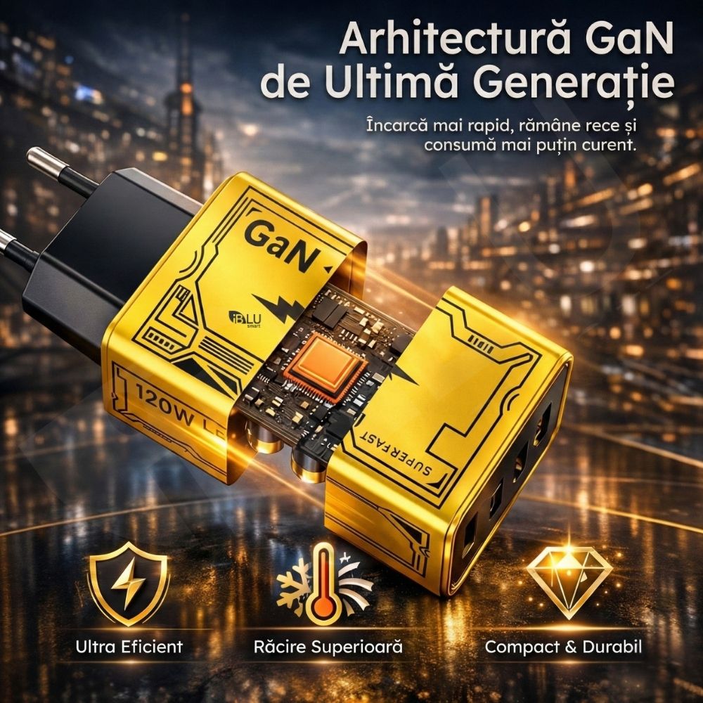 Încărcător Rețea iBLU smart 120W Tehnologie GaN Pro, 4 Porturi (2x USB-C PD + 2x USB-A QC3.0), Super Fast Charge pentru Laptop, MacBook, Samsung, iPhone, Protecție Smart Chip, Design Compact, Galben