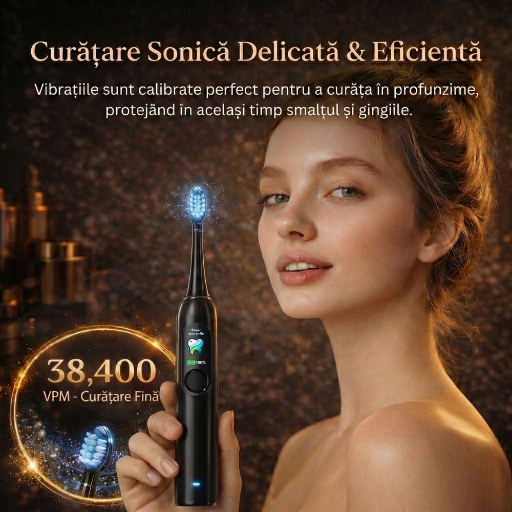 Periuță de Dinți Electrică Sonică iBLU smart™ PRO, Display Digital LCD, Tehnologie Hibridă (Vibrații + Oscilații Ample 60°), Motor Maglev 38.400 VPM, Capăt Anti-Șoc, Baterie 1200mAh (35 Zile), Încărcare USB-C, Pachet cu 6 Rezerve și Toc Transport, Negru