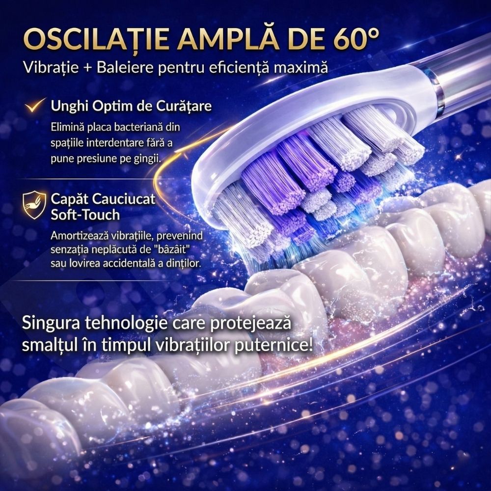 Periuță de Dinți Electrică iBLU smart™ PRO cu Funcție de Sterilizare UV, 5 Programe de Curățare, Motor Maglev 48.000 VPM cu Oscilație 60° (Tehnica Bass), Design Metalic Unibody, 6 Capete DuPont, Baterie 1200mAh, Argintiu