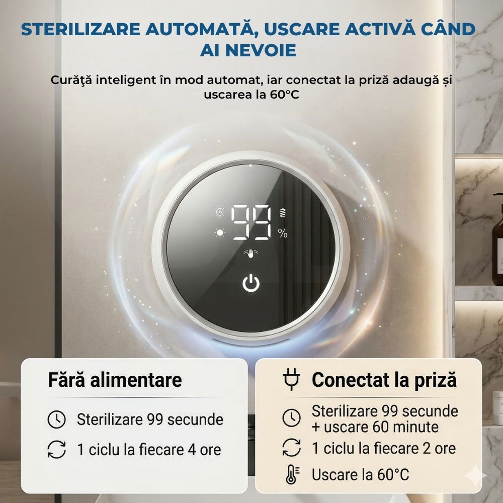 Modurile de funcționare ale sterilizatorului iBLU smart: sterilizare automată de 99 secunde pe baterie și uscare activă termică la 60 de grade când este conectat la priză.