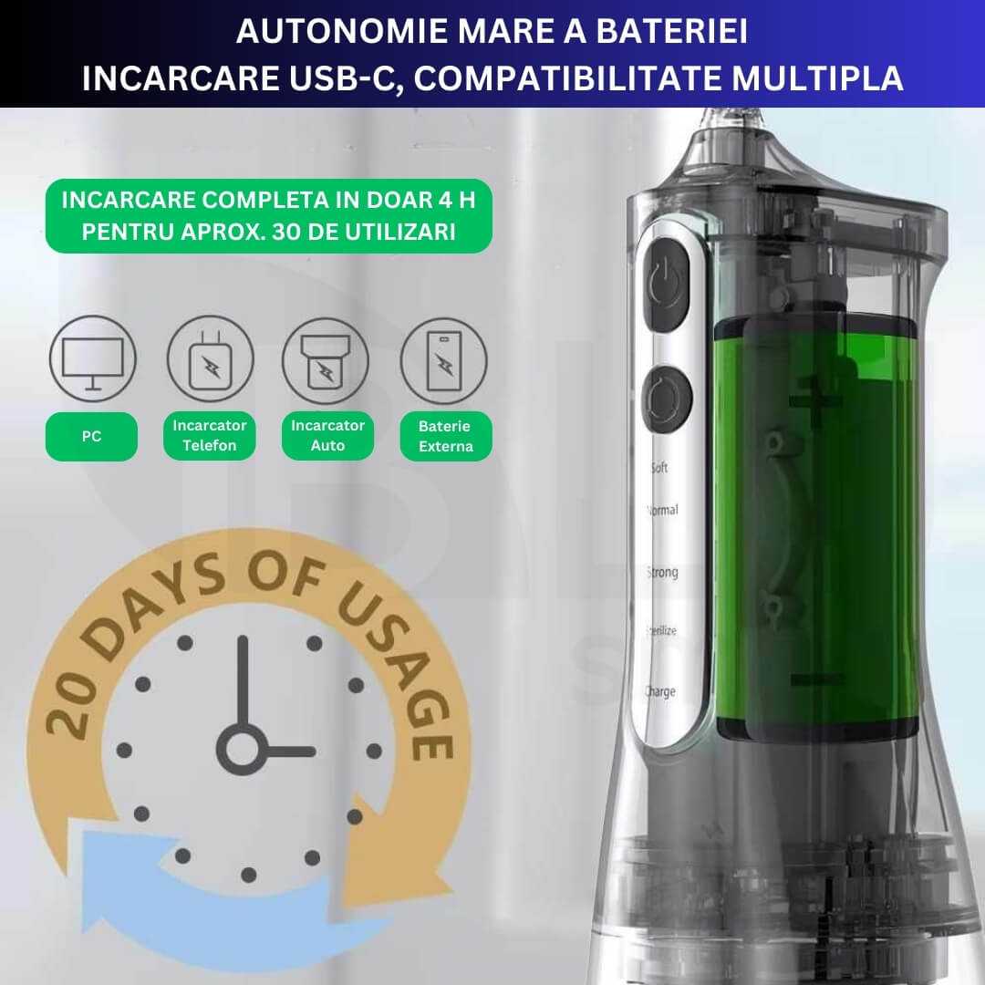 Irigator Oral Profesional cu Sterilizare UV pentru Dus bucal iBLU smart, Portabil, 1400-1800 Pulsatii/min, 4 Capete cu Rotatie 360, 4 Programe de Lucru, Rezervor Complet Detasabil 300ml, IPX7 Waterproof, Baterie 1500 mAh, USB-C, Alb Clasic