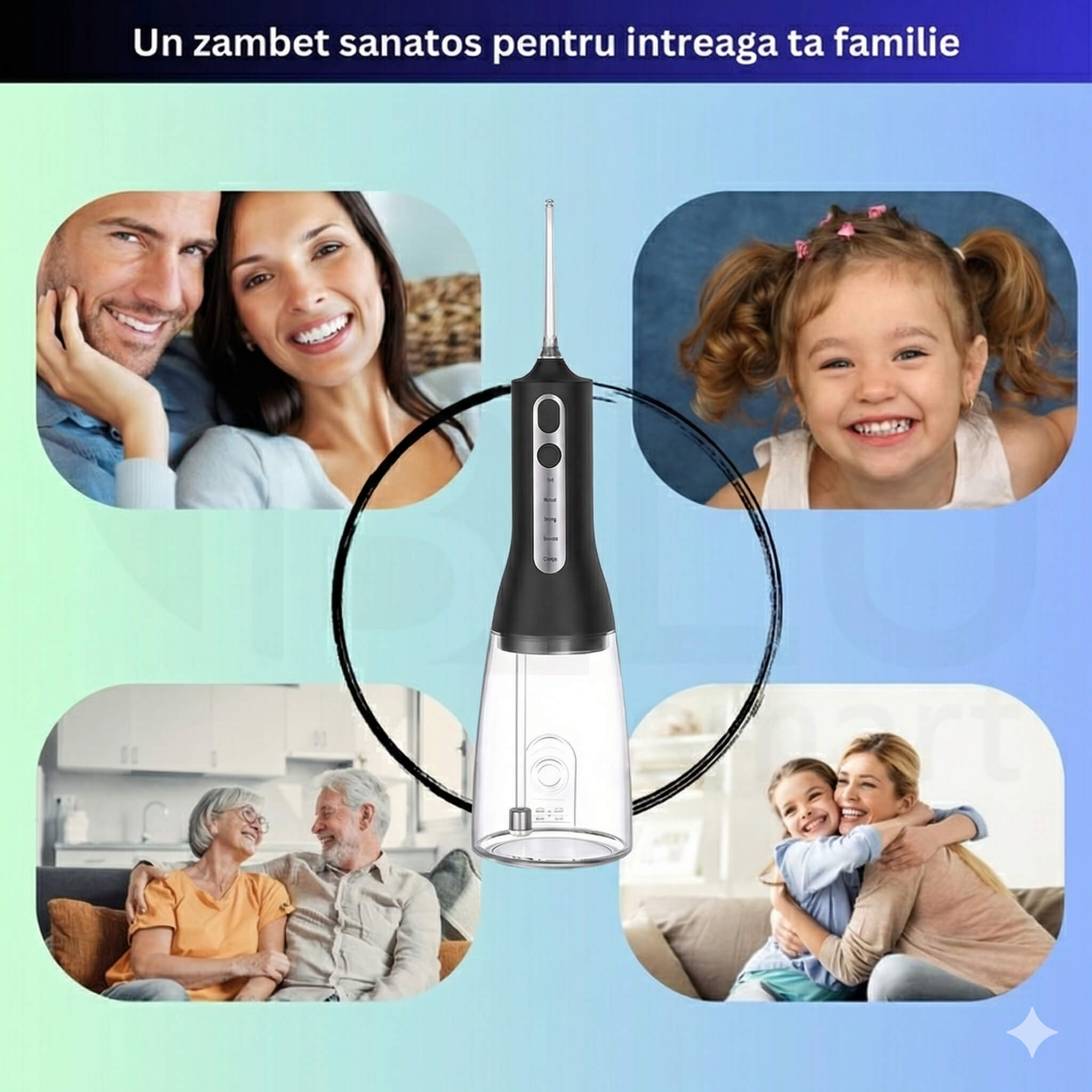 Irigator Oral Profesional cu Sterilizare UV pentru Dus bucal iBLU smart, Portabil, 1400-1800 Pulsatii/min, 4 Capete cu Rotatie 360, 4 Programe de Lucru, Rezervor Complet Detasabil 300ml, IPX7 Waterproof, Baterie 1500 mAh, USB-C, Alb Clasic