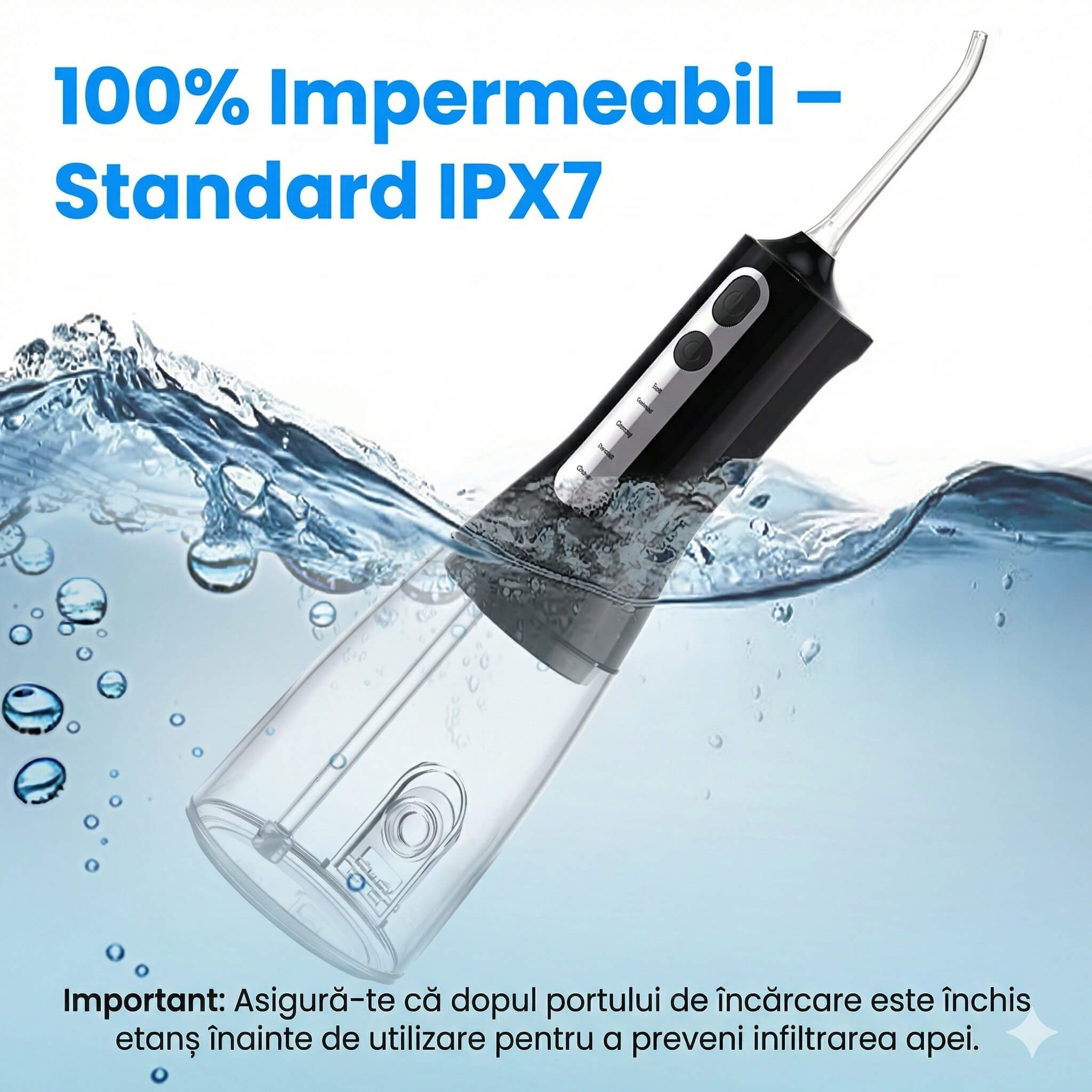 Irigator Oral Profesional cu Sterilizare UV pentru Dus bucal iBLU smart, Portabil, 1400-1800 Pulsatii/min, 4 Capete cu Rotatie 360, 4 Programe de Lucru, Rezervor Complet Detasabil 300ml, IPX7 Waterproof, Baterie 1500 mAh, USB-C, Alb Clasic