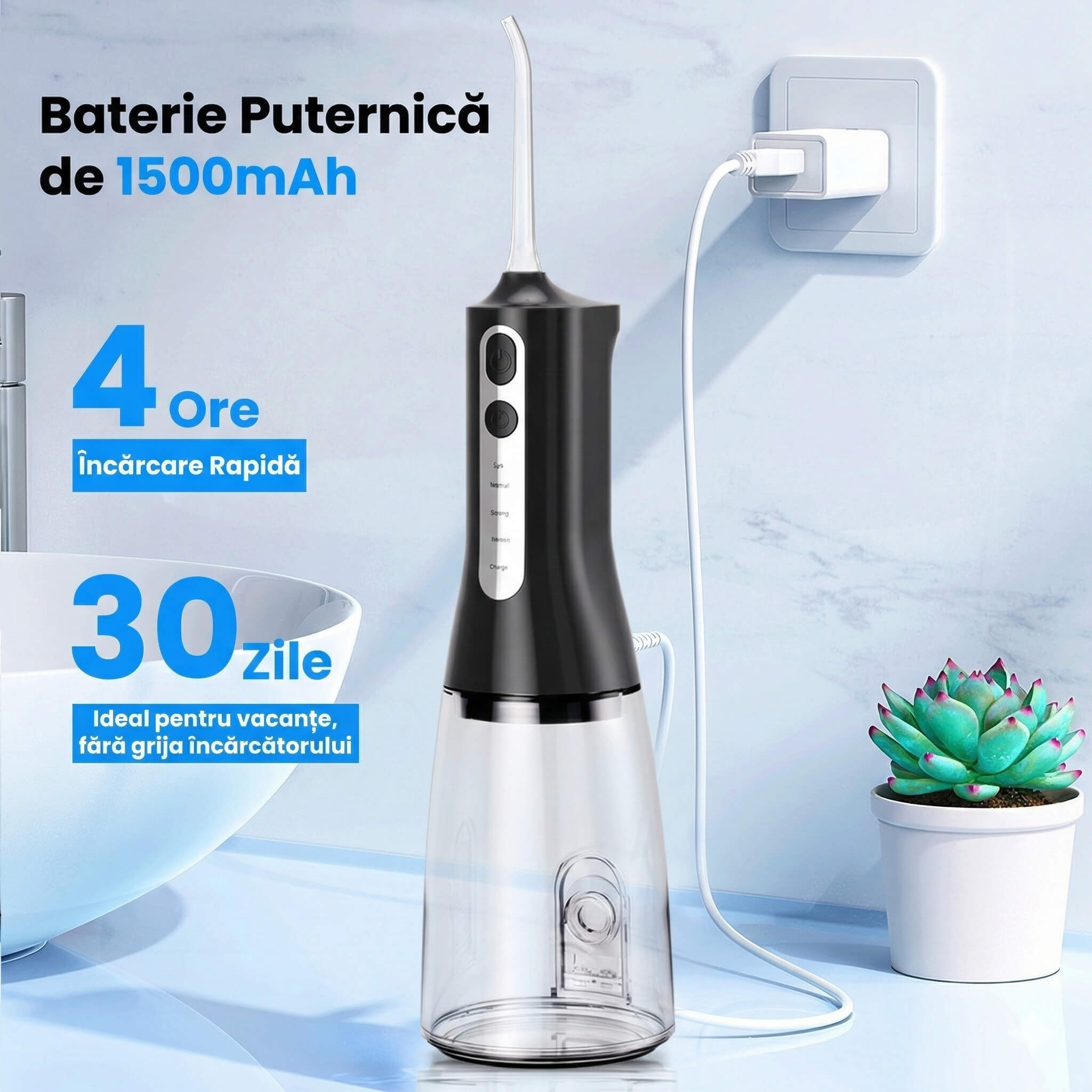 Irigator Oral Profesional cu Sterilizare UV pentru Dus bucal iBLU smart, Portabil, 1400-1800 Pulsatii/min, 4 Capete cu Rotatie 360, 4 Programe de Lucru, Rezervor Complet Detasabil 300ml, IPX7 Waterproof, Baterie 1500 mAh, USB-C, Alb Clasic