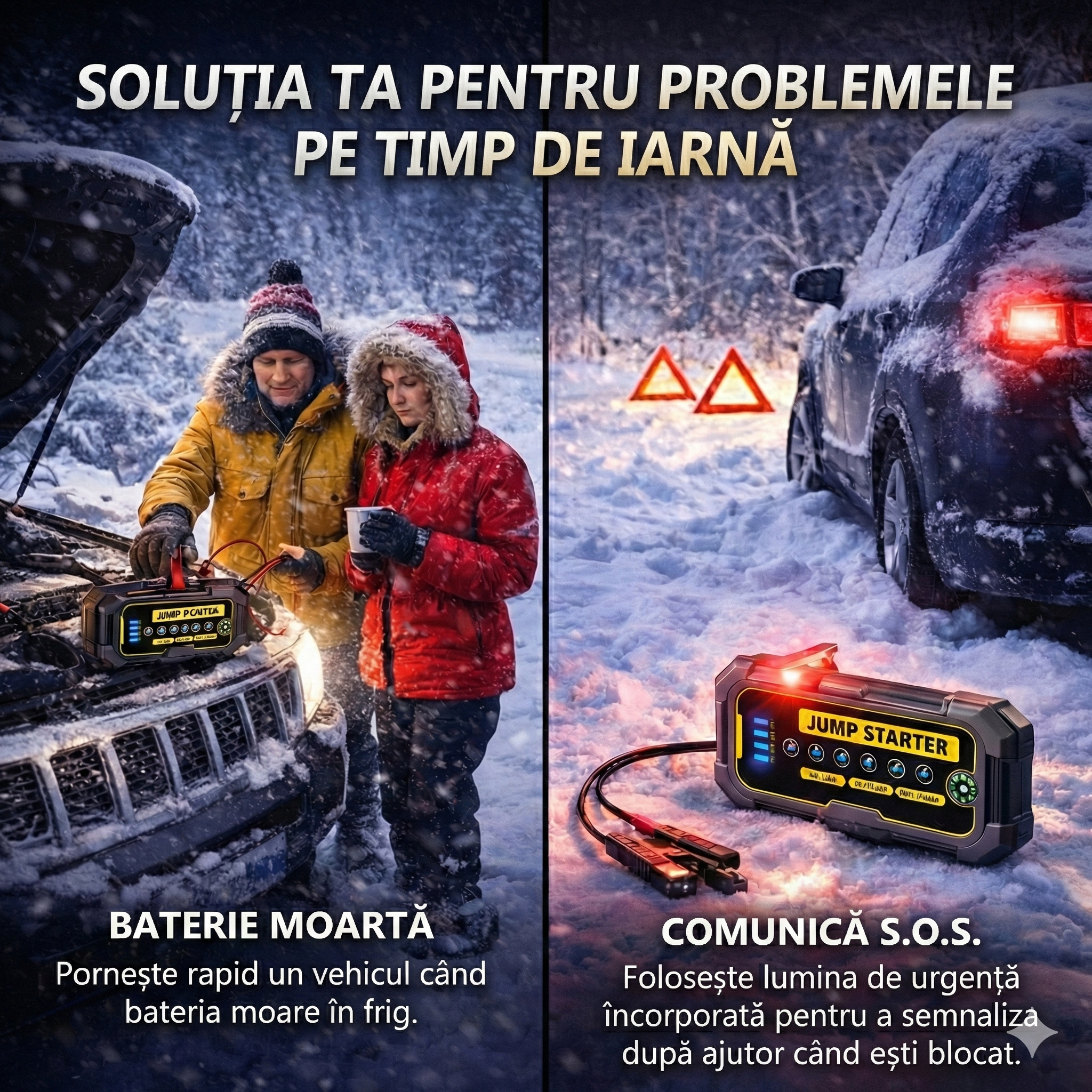 Starter Auto Portabil iBLU smart™, Starter Baterie Auto 500A-1000A, Baterie 6000mAh/22200 mWh, Funcție Power Bank, Lanternă LED 4 Moduri, Busolă, Pentru Motoare 12V, Benzină 6.0L/Diesel 3.0L, Protecție Anti-Scântei, USB-C, Gri/Galben