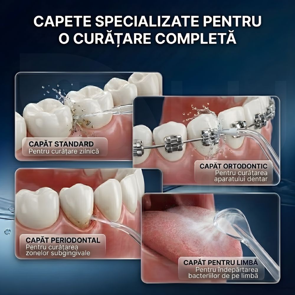 Capete specializate iBLU smart: standard, ortodontic pentru aparat dentar, periodontal și curățător pentru limbă
