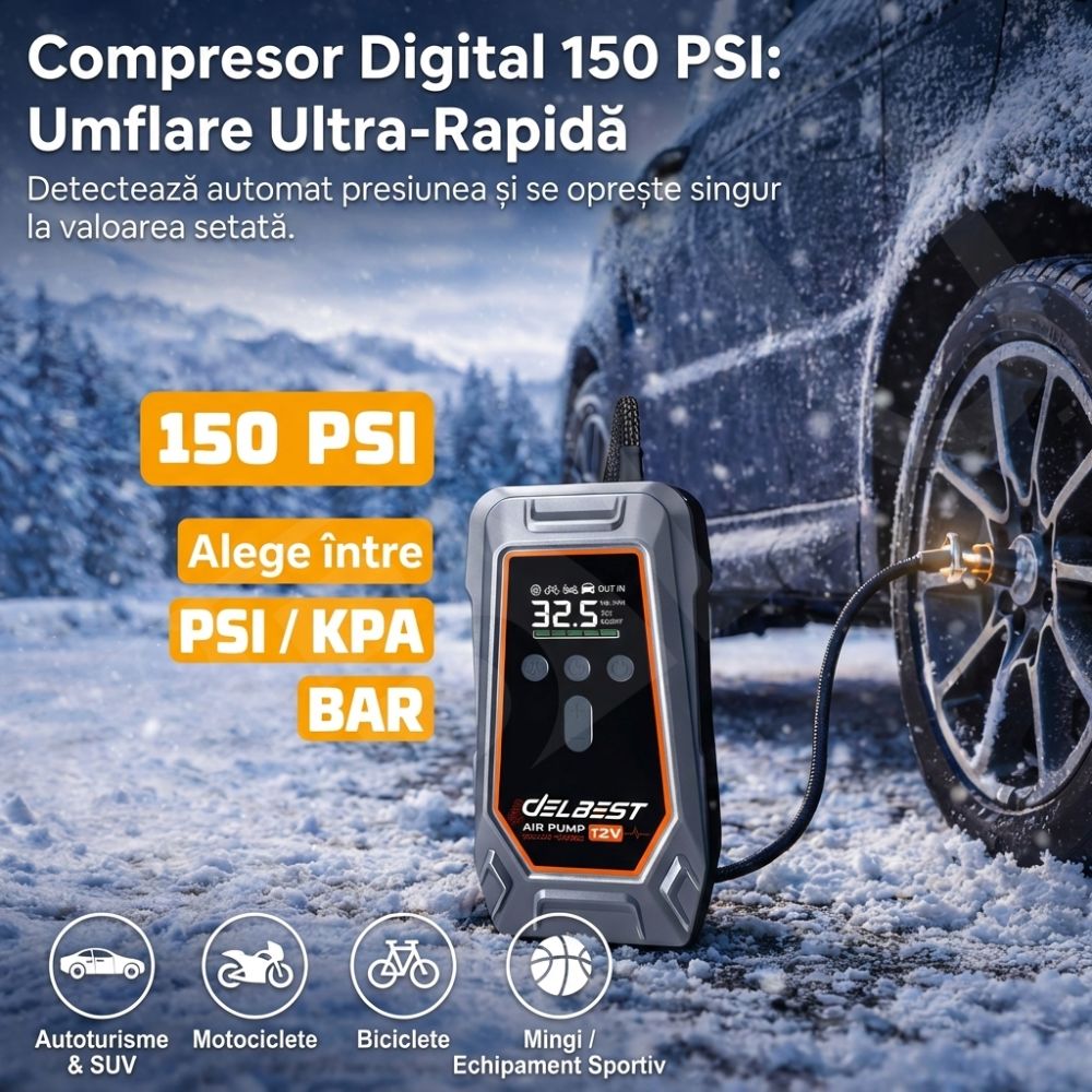 Jump Starter și Compresor Auto Portabil iBLU smart™, 1000A / 16000mAh, Funcție Powerbank USB și Oprire Automată la Umflare, Compatibil Motoare Diesel 7.0L și Benzină, USB-C