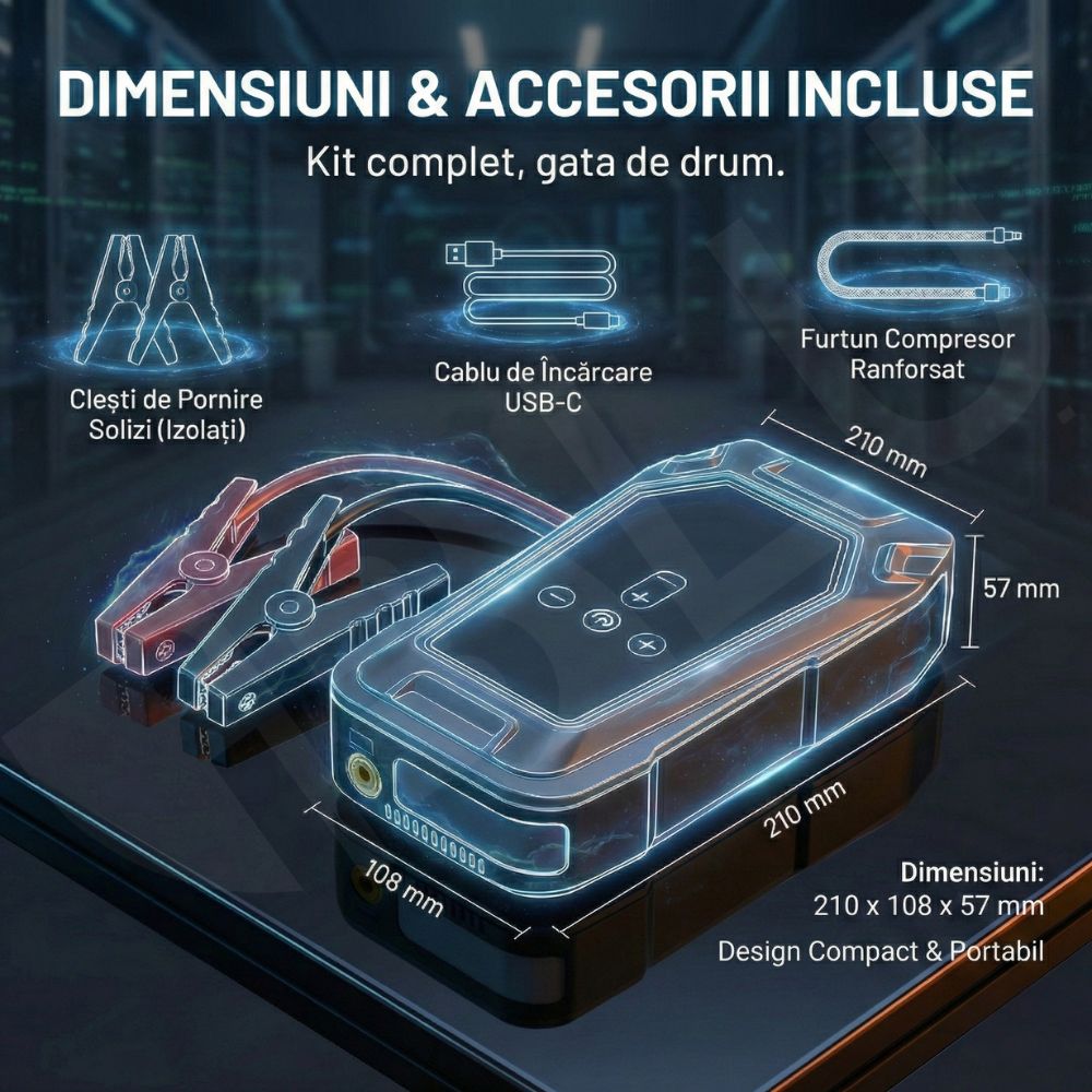 Jump Starter și Compresor Auto Portabil iBLU smart™, 1000A / 16000mAh, Funcție Powerbank USB și Oprire Automată la Umflare, Compatibil Motoare Diesel 7.0L și Benzină, USB-C
