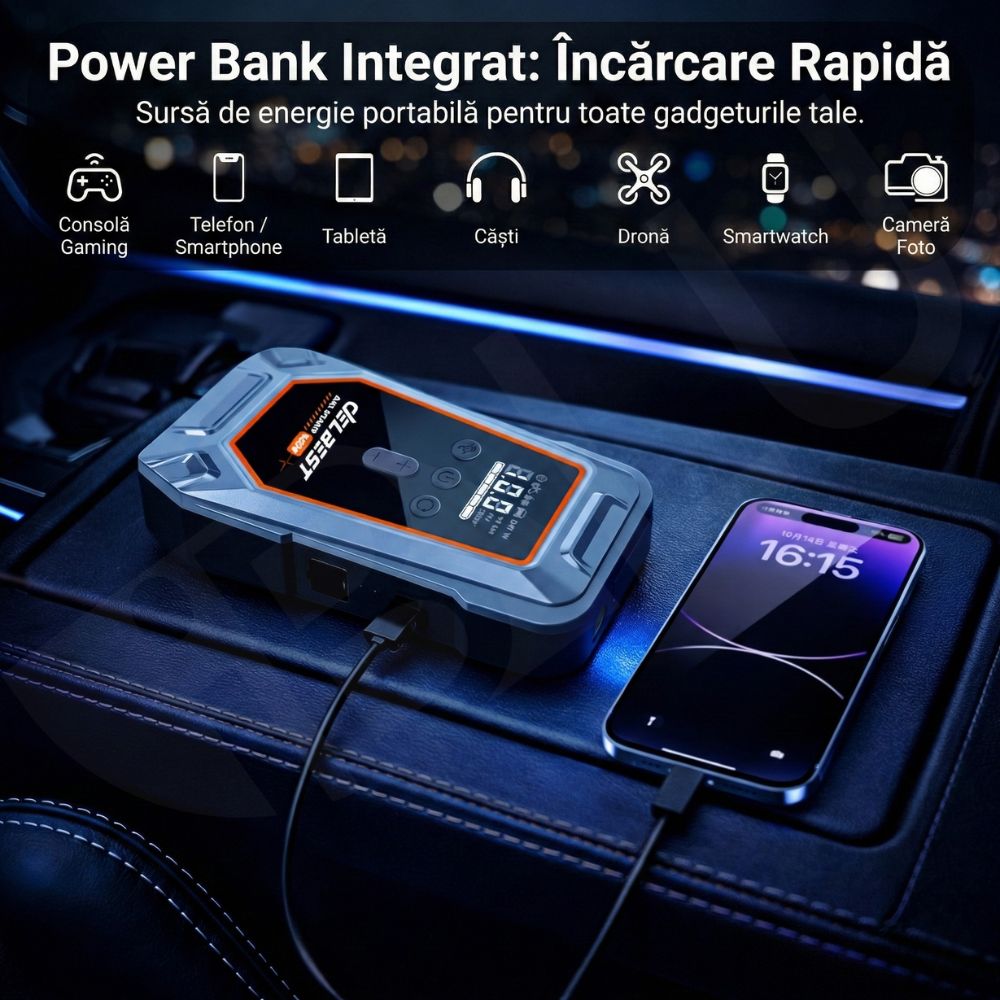 Jump Starter și Compresor Auto Portabil iBLU smart™, 1000A / 16000mAh, Funcție Powerbank USB și Oprire Automată la Umflare, Compatibil Motoare Diesel 7.0L și Benzină, USB-C