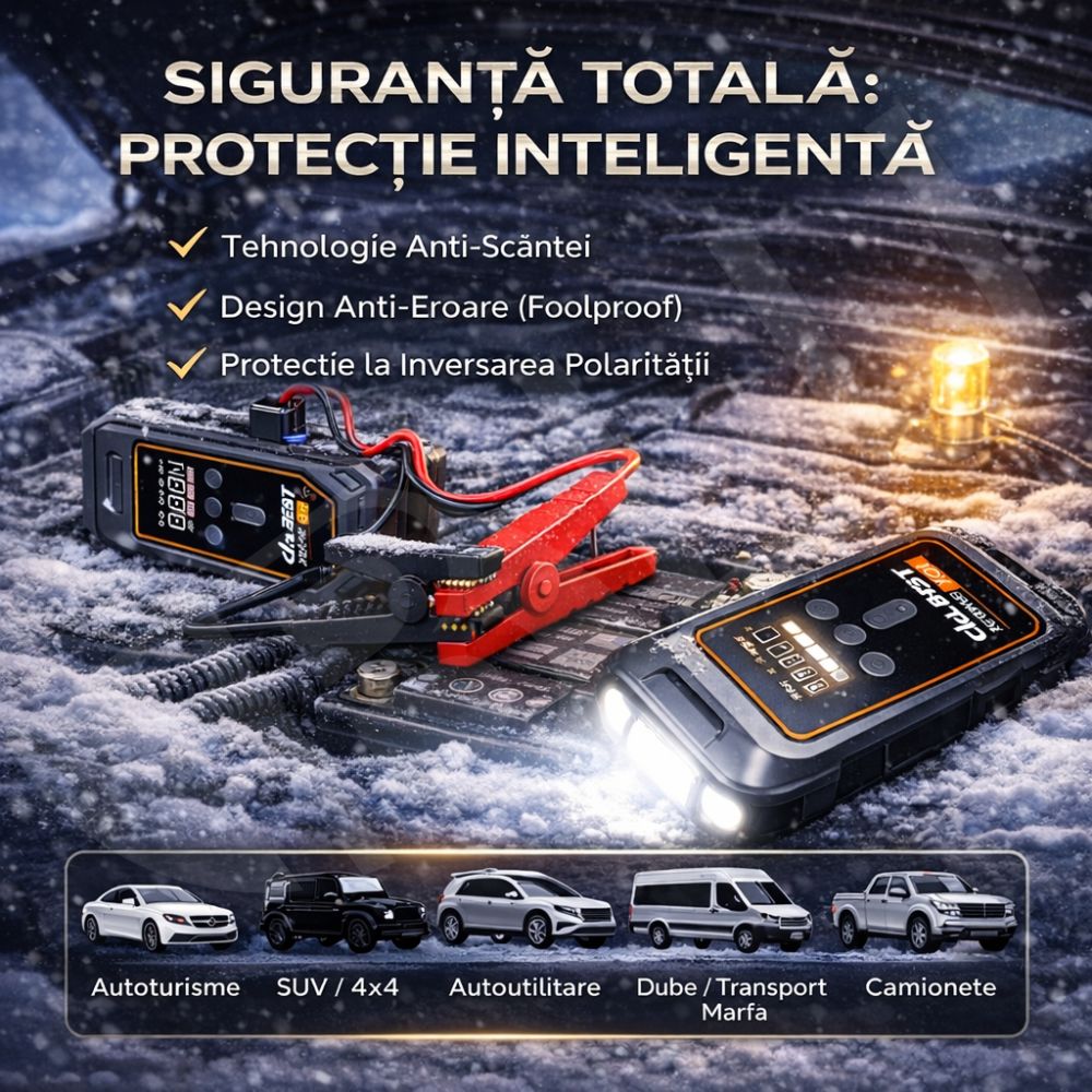 Jump Starter și Compresor Auto Portabil iBLU smart™, 1000A / 16000mAh, Funcție Powerbank USB și Oprire Automată la Umflare, Compatibil Motoare Diesel 7.0L și Benzină, USB-C