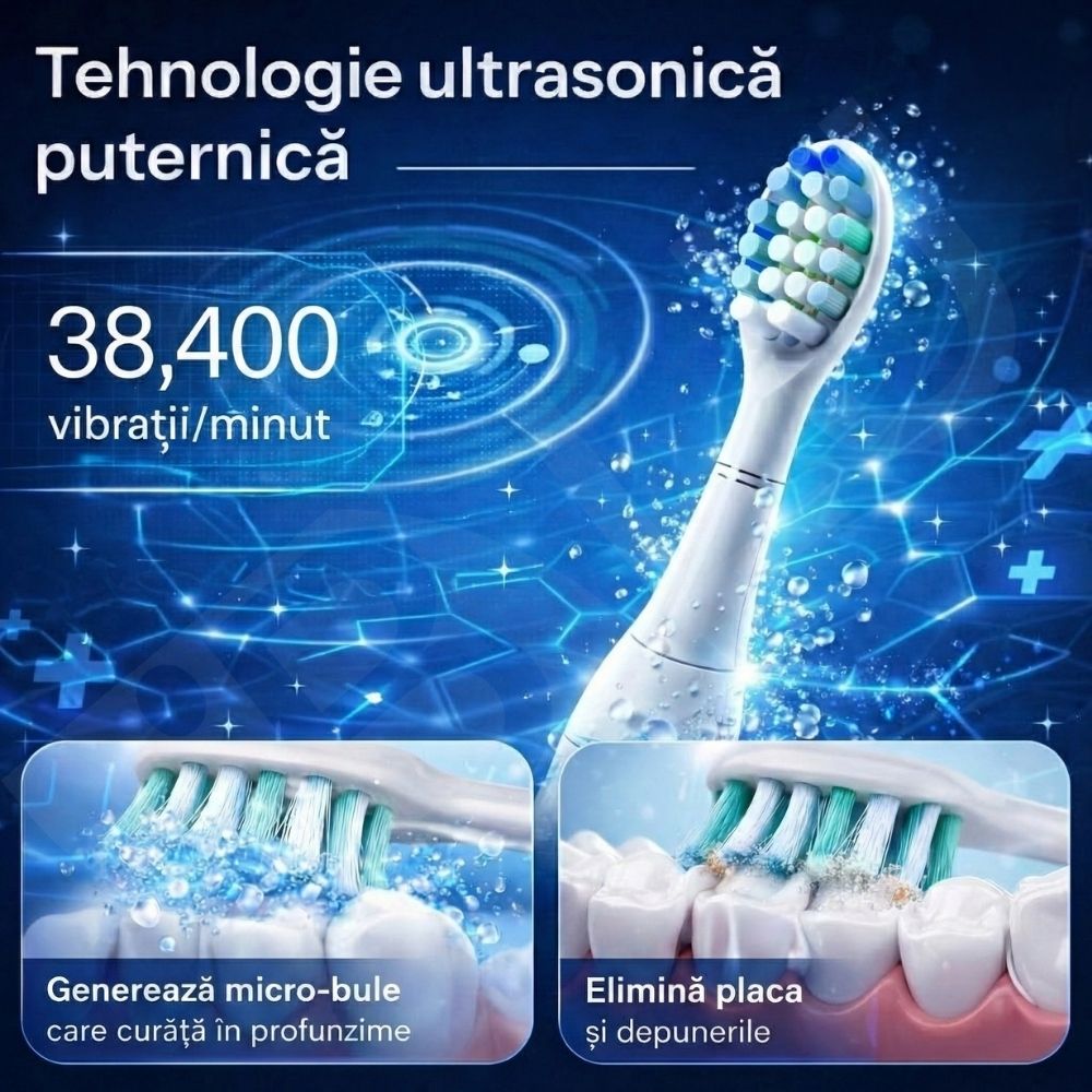 Periuță de Dinți Electrică Sonică iBLU smart, Motor Maglev 38.400 VPM, 5 Moduri de Curățare, Timer Inteligent, Pachet Complet cu 6 Rezerve și Toc de Transport, Autonomie 30 Zile, Încărcare Wireless, Waterproof IPX7, Alb
