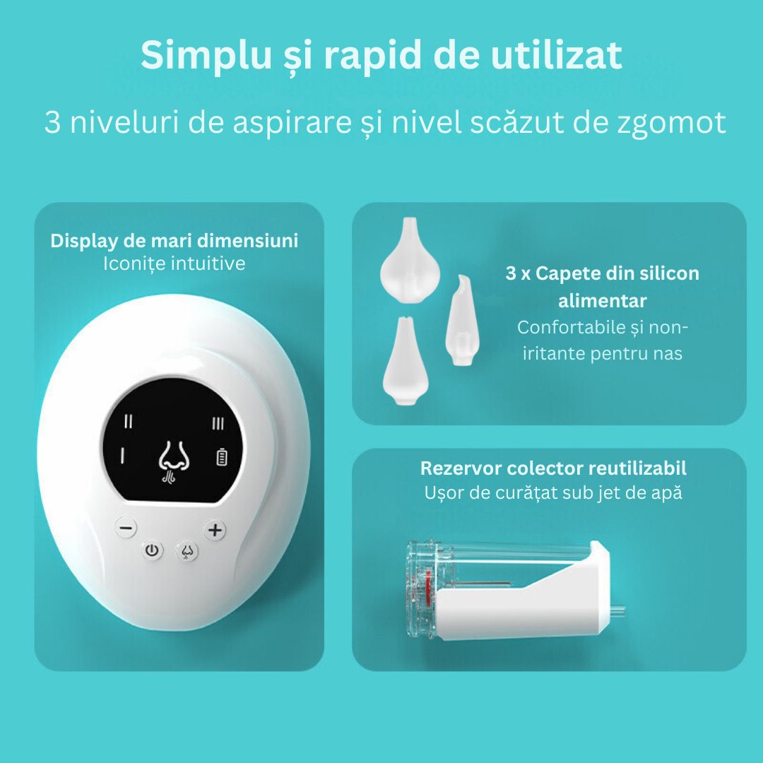 Aspirator Nazal Electric Portabil iBLU smart pentru Bebeluși, Copii sau Adulți, 2 Capete Silicon BPA-Free, 3 Niveluri Absorbție, Sistem Antireflux, Ultra-Silențios, Baterie 1200mAh, Încărcare USB-C, Display LED, 3 Accesorii pentru Curățare Incluse, Alb