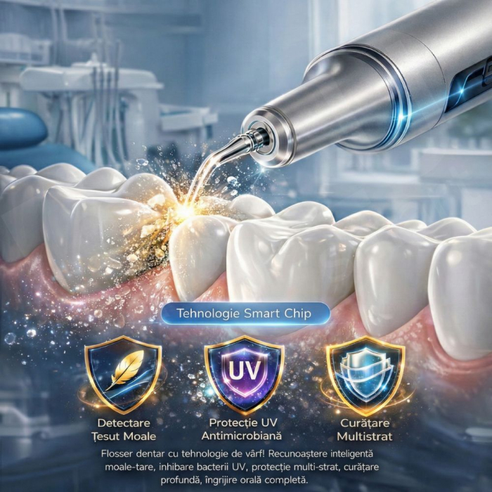Aparat Detartraj Ultrasonic iBLU smart pentru Curatare Dentara, Sterilizare UV si Iluminare LED, 5 Moduri de Intensitate, Eliminare Tartru si Placa Bacteriana, Tehnologie Smart Chip (Protecție Gingii) Corp Metalic Aerospațial, IPX6, Fără Fir, Argintiu [3]