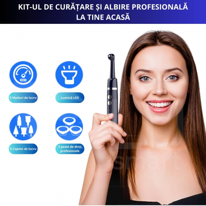Aparat pentru Curățarea, Albirea și Lustruirea Dintilor, 5 Capete și Pastă pentru Albire, Negru [3]