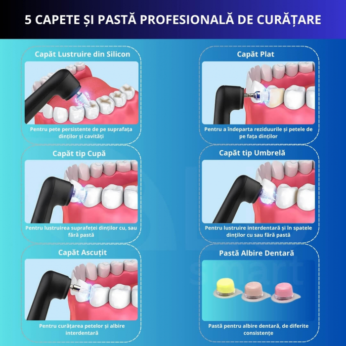 Aparat pentru Curățarea, Albirea și Lustruirea Dintilor, 5 Capete și Pastă pentru Albire, Negru [7]