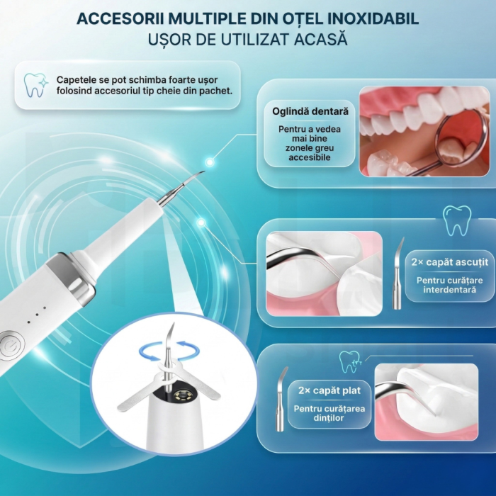Aparat pentru Eliminare Tartru iBLU smart, Detartraj Ultrasonic, Eliminare Placa Bacteriana, 5 Moduri pentru Curatarea Dintilor, 3 Capete Curatare si Oglinda Dentara Incluse, Lumina LED Puternica, Portabil si Reincarcabil, Rezistent la Apa, Alb [6]