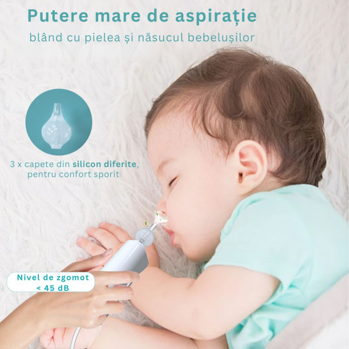 Aspirator Nazal Electric Portabil iBLU smart pentru Bebelusi, Copii sau Adulti, 3 Capete Silicon BPA-Free, 3 Niveluri Absorbtie, Alb [2]