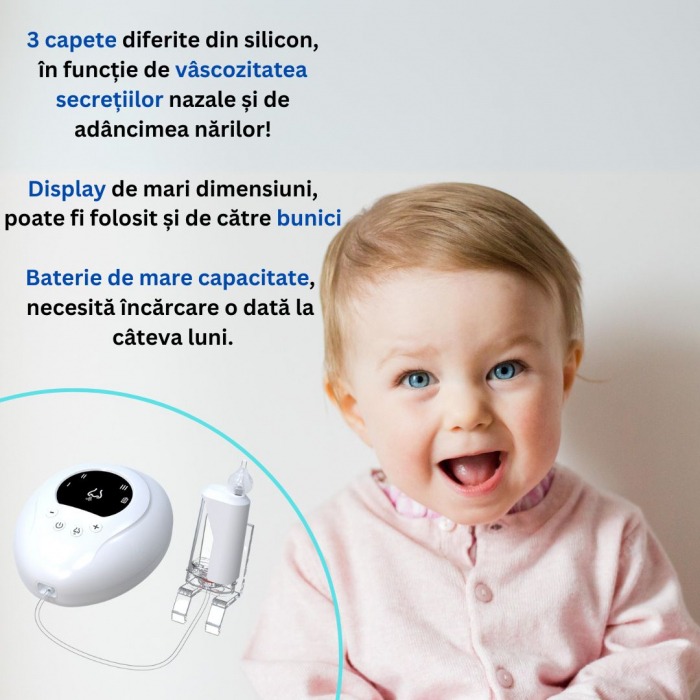 Aspirator Nazal Electric Portabil iBLU smart pentru Bebelusi, Copii sau Adulti, 3 Capete Silicon BPA-Free, 3 Niveluri Absorbtie, Alb [7]