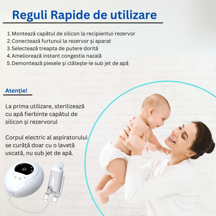 Aspirator Nazal Electric Portabil iBLU smart pentru Bebelusi, Copii sau Adulti, 3 Capete Silicon BPA-Free, 3 Niveluri Absorbtie, Alb [10]