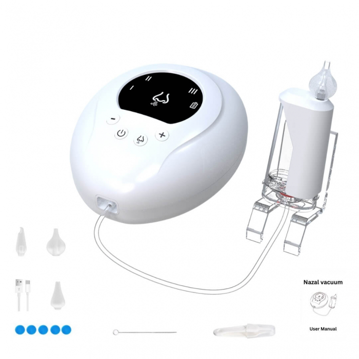 Aspirator Nazal Electric Portabil iBLU smart pentru Bebelusi, Copii sau Adulti, 3 Capete Silicon BPA-Free, 3 Niveluri Absorbtie, Alb [1]