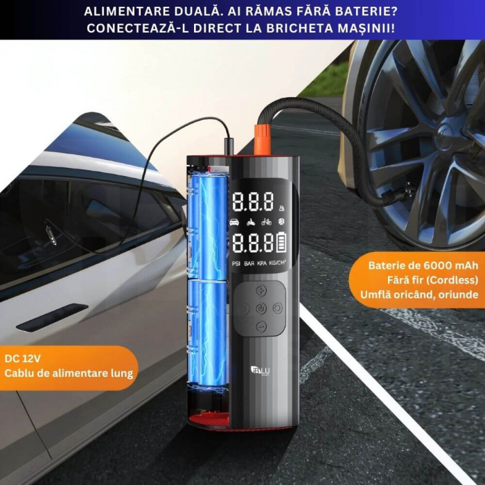 Compresor Auto 6-in-1 iBLU Smart – Wireless & 12V, 150 PSI, Powerbank, Lanternă, Husa Inclusă [2]