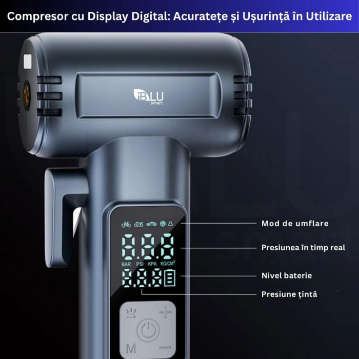 Compresor Auto 6-in-1 iBLU Smart – Wireless, 150 PSI, Powerbank, Siguranță & LED [5]