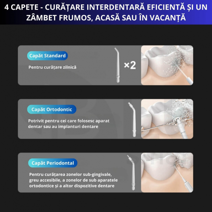 Irigator Oral Profesional Slim pentru Duș Bucal cu Rezervor Retractabil si Gravity Ball, 4 Capete, Negru [4]