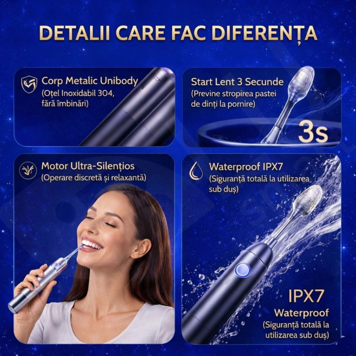 Periuță de Dinți Electrică iBLU smart™ PRO cu Funcție de Sterilizare UV, 5 Programe de Curățare, Motor Maglev 48.000 VPM cu Oscilație 60° (Tehnica Bass), Design Metalic Unibody, 6 Capete DuPont, Baterie 1200mAh, Argintiu [5]